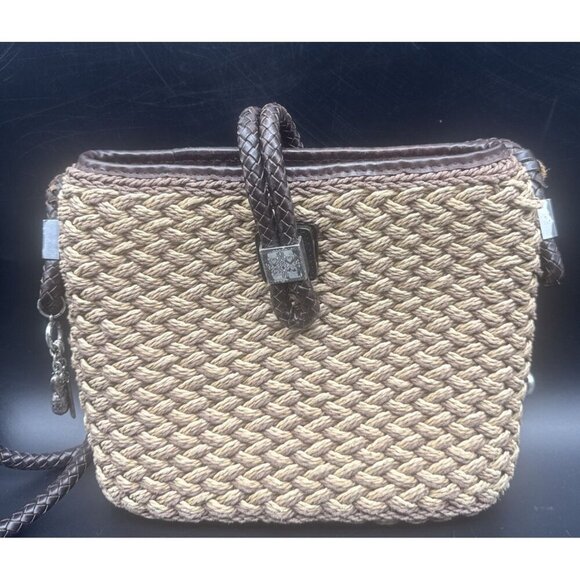 BRIGHTON Handbag Straw Crossbody Shoulder Purse Brown Leather Flower Lined Charm - Picture 1 of 16